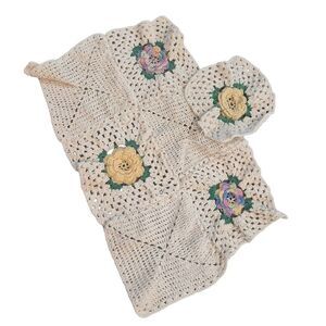 Crochet, Vintage White and colorful Flowers Cotton Granny Squares